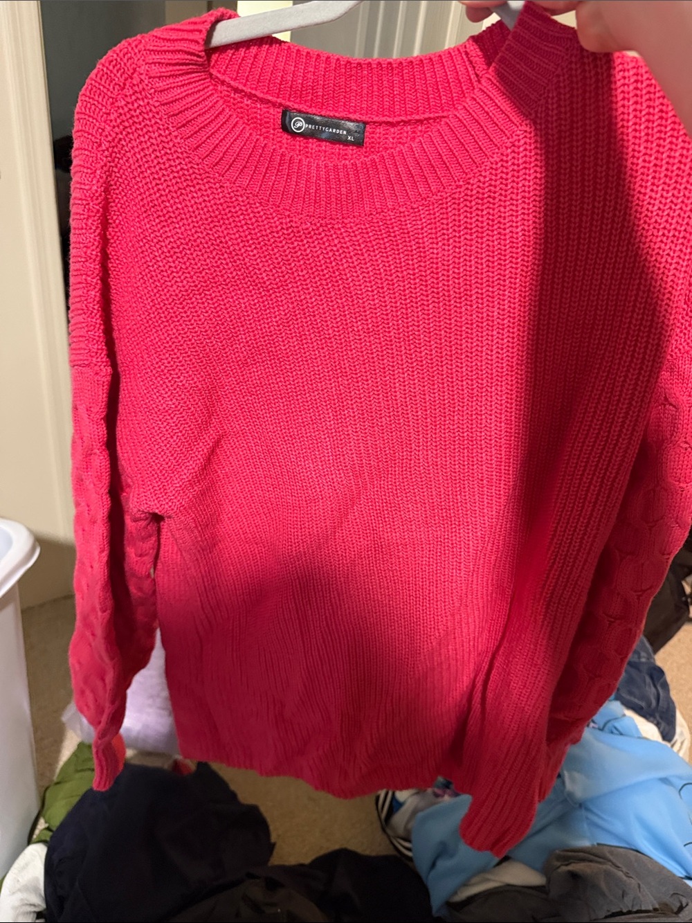 Women's Crewneck Cable-Sleeve Sweater in Vibrant Pink